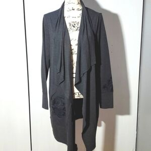Soft Surroundings  Dark Gray Open Cardigan Pockets Embroidered Knit Neutral Sz.L